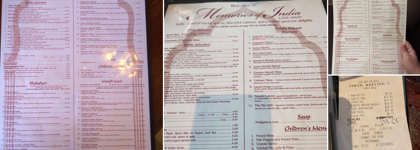 Memories of India Menu