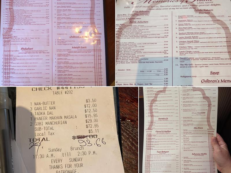 Memories of India Menu