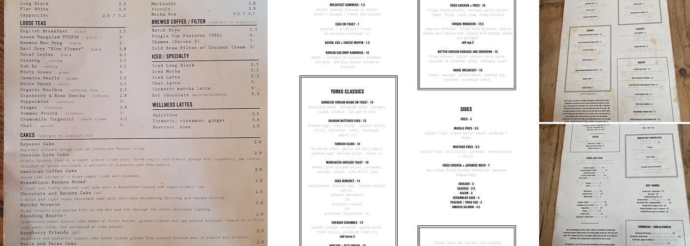 Yorks Cafe & Coffee Roasters Menu