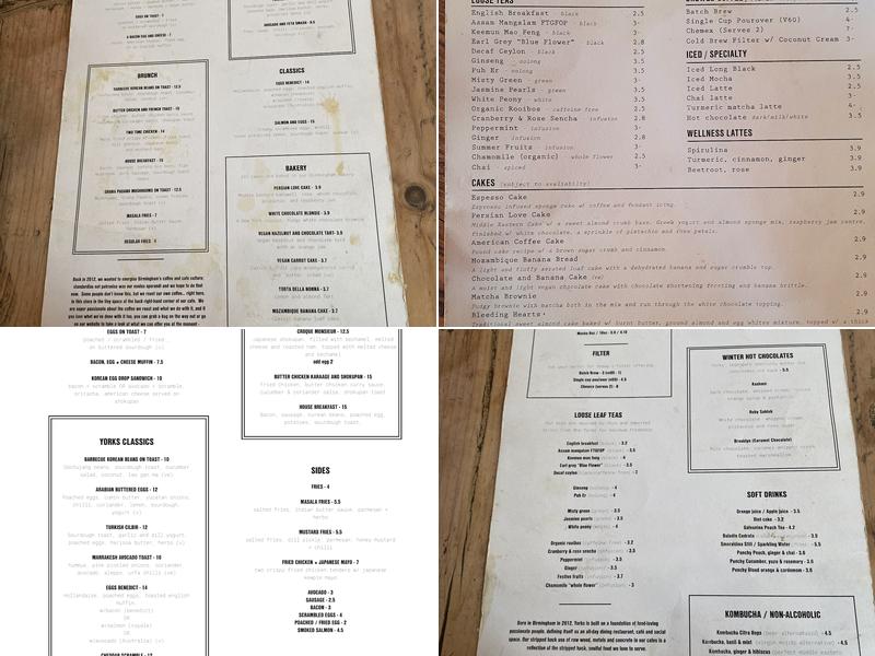 Yorks Cafe & Coffee Roasters Menu