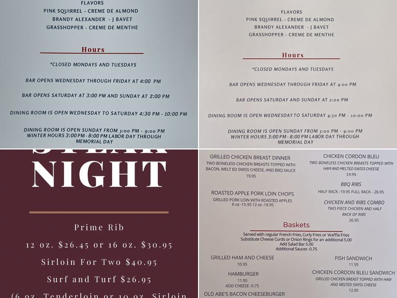 Old Abe's Supper Club Menu