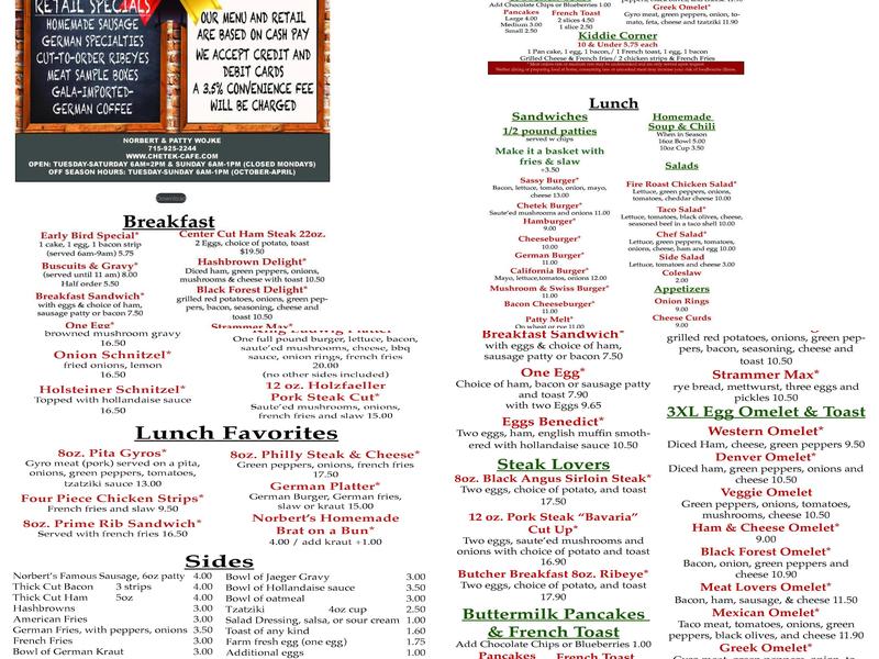 Chetek Cafe and Meat Shop Menu