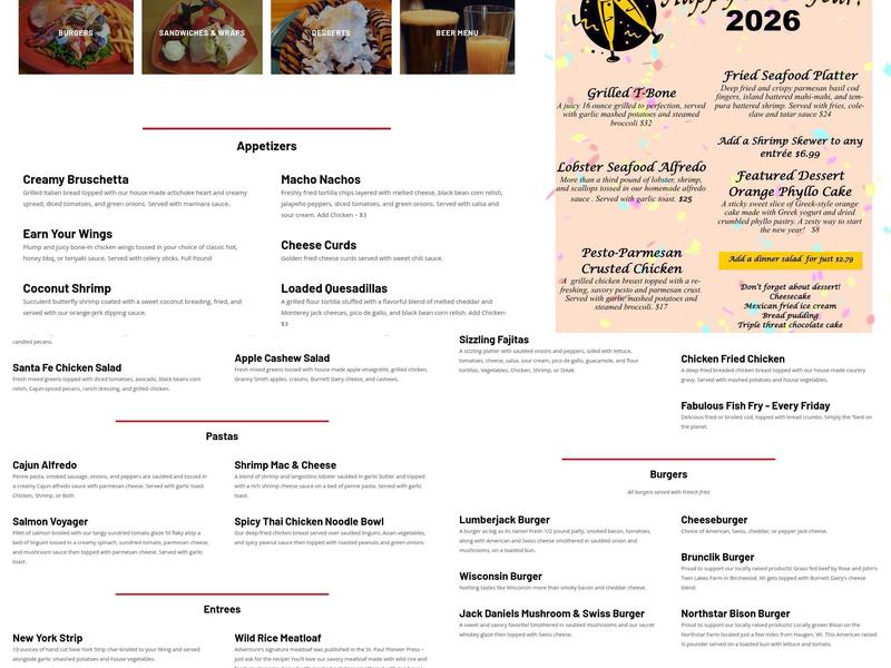 Adventures Restaurant & Pub Menu
