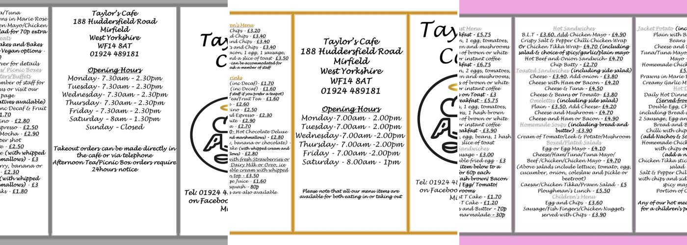 Taylors Cafe Menu
