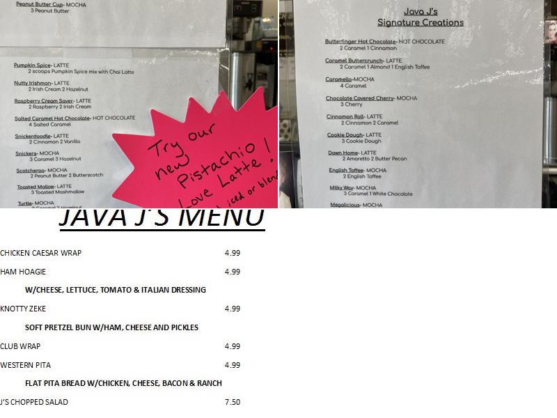 Java J's Coffee & Gifts Menu