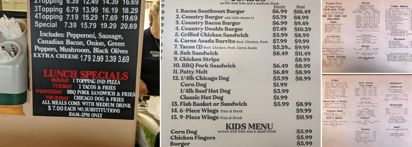 Sundance Pizza and Tastee Ice Cream Menu