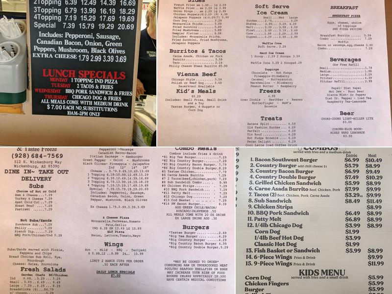 Sundance Pizza and Tastee Ice Cream Menu