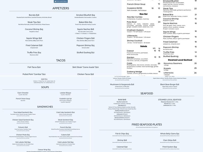 Chatham Squire Menu