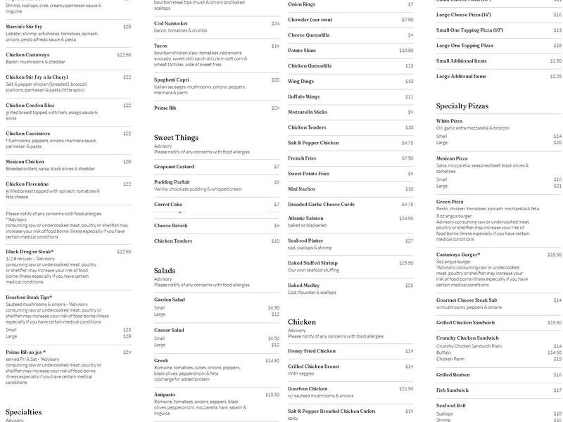 Castaways Menu