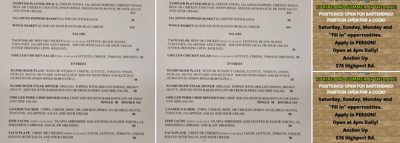 Anchor Up Club & Grill Menu