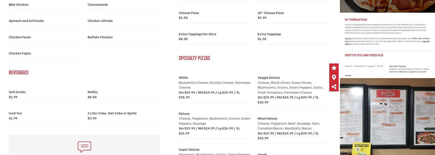 Vinny's Pizza Menu