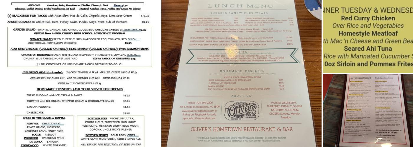 Oliver's Restaurant Menu