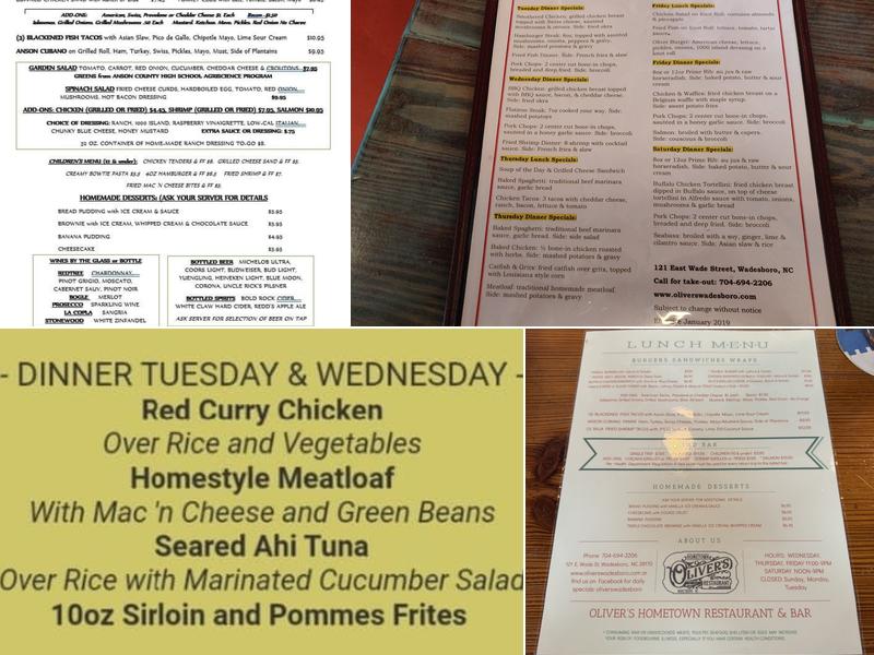 Oliver's Restaurant Menu