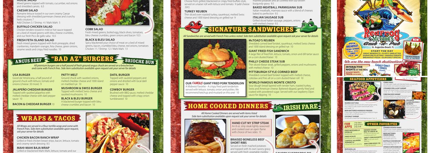 Redfrog & McToad's Grub-n-Pub Menu