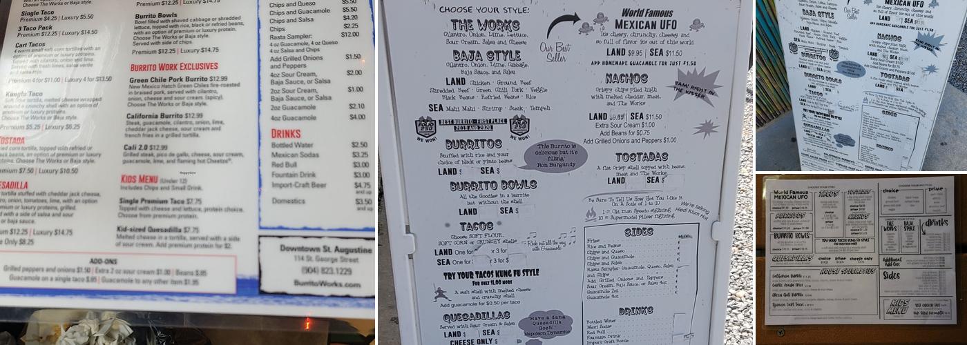 A1A Burrito Works Menu
