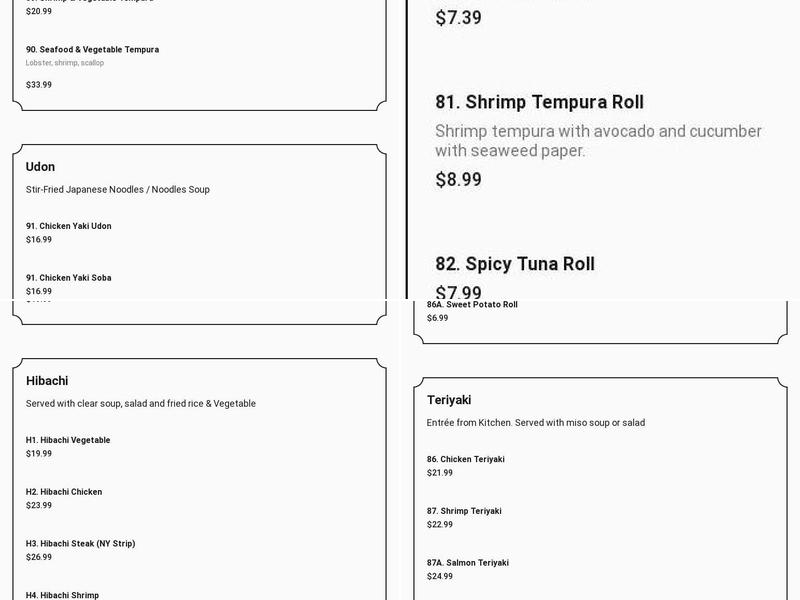 Sakada Japanese Steak House Menu