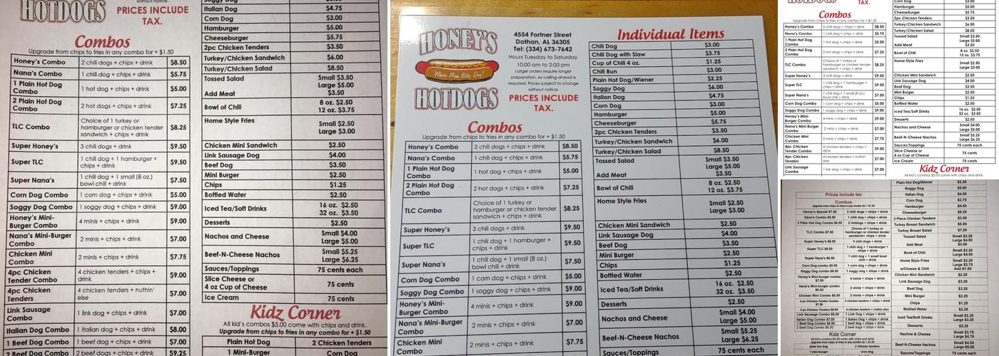 Honey's Hotdogs Menu
