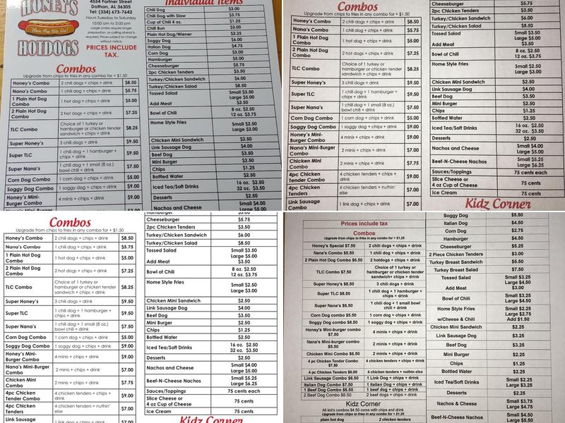 Honey's Hotdogs Menu