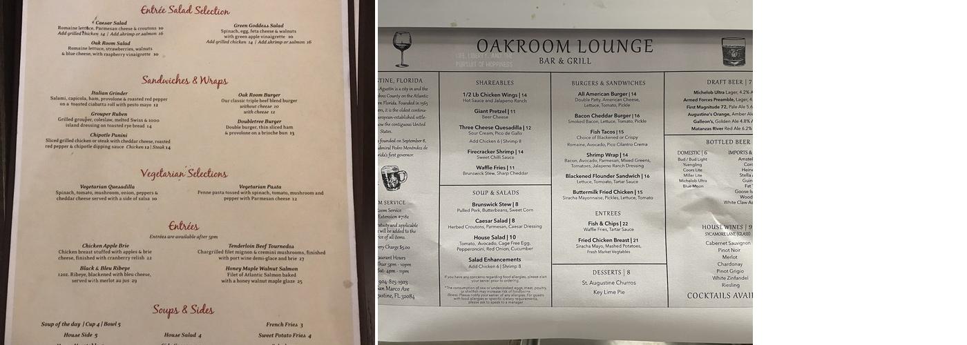 THE OAK ROOM RESTAURANT AND LOUNGE Menu