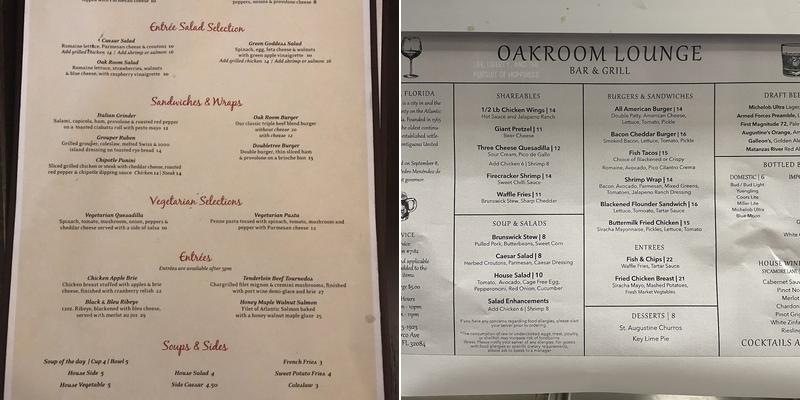 THE OAK ROOM RESTAURANT AND LOUNGE Menu
