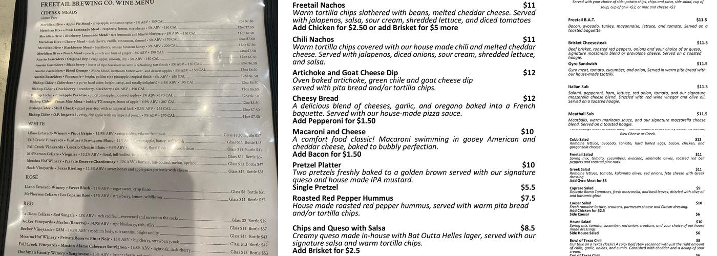 Freetail Brewing Co. Menu