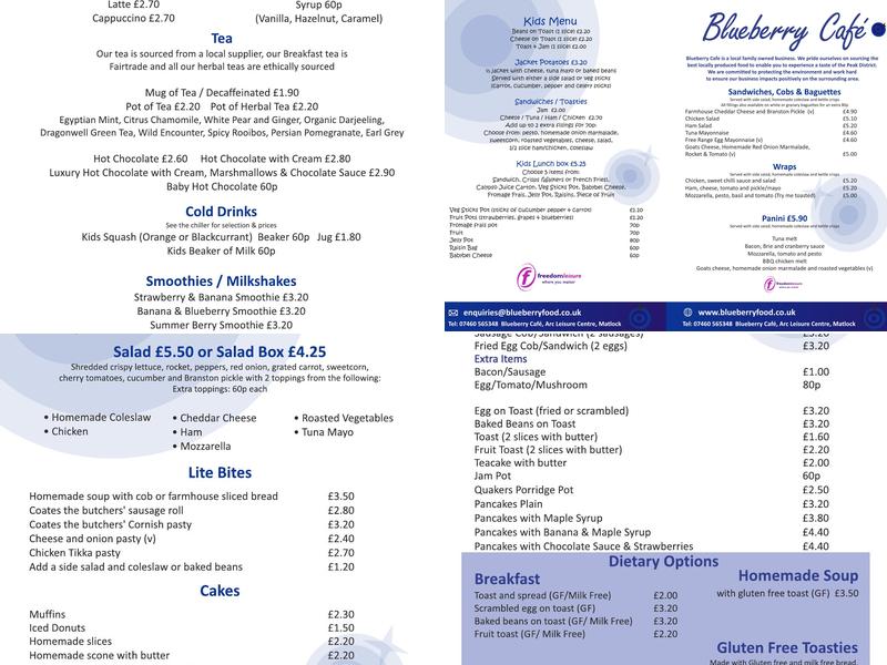 Blueberry Cafe, Arc Leisure Centre Menu