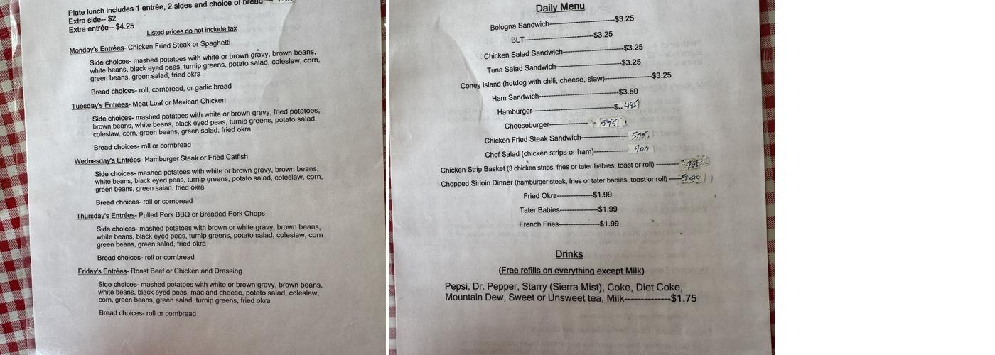 Sam's Diner Menu
