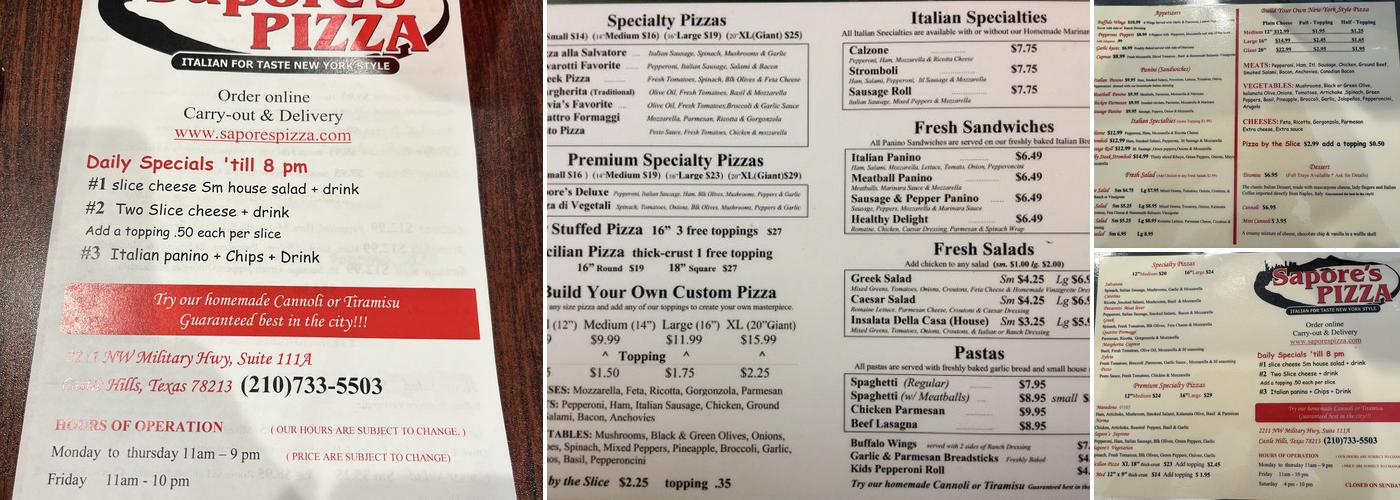 Sapore's Pizza Menu