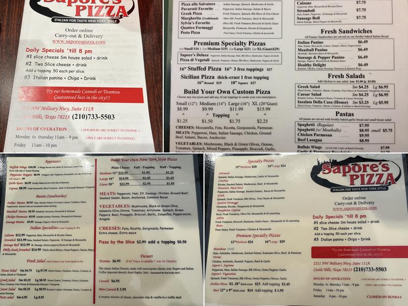Sapore's Pizza Menu