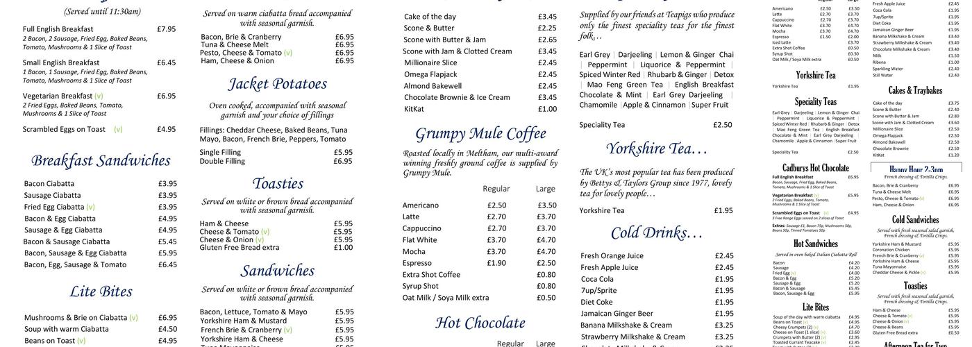 Denby Dale Tea Rooms Menu