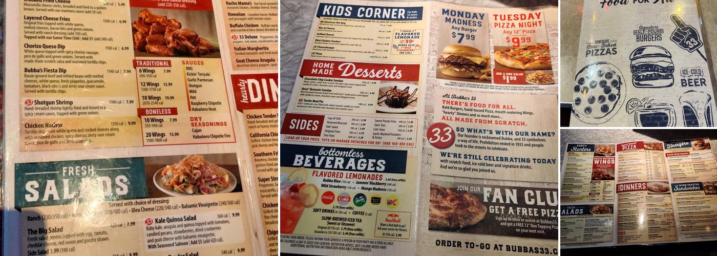 Bubba's 33 Menu