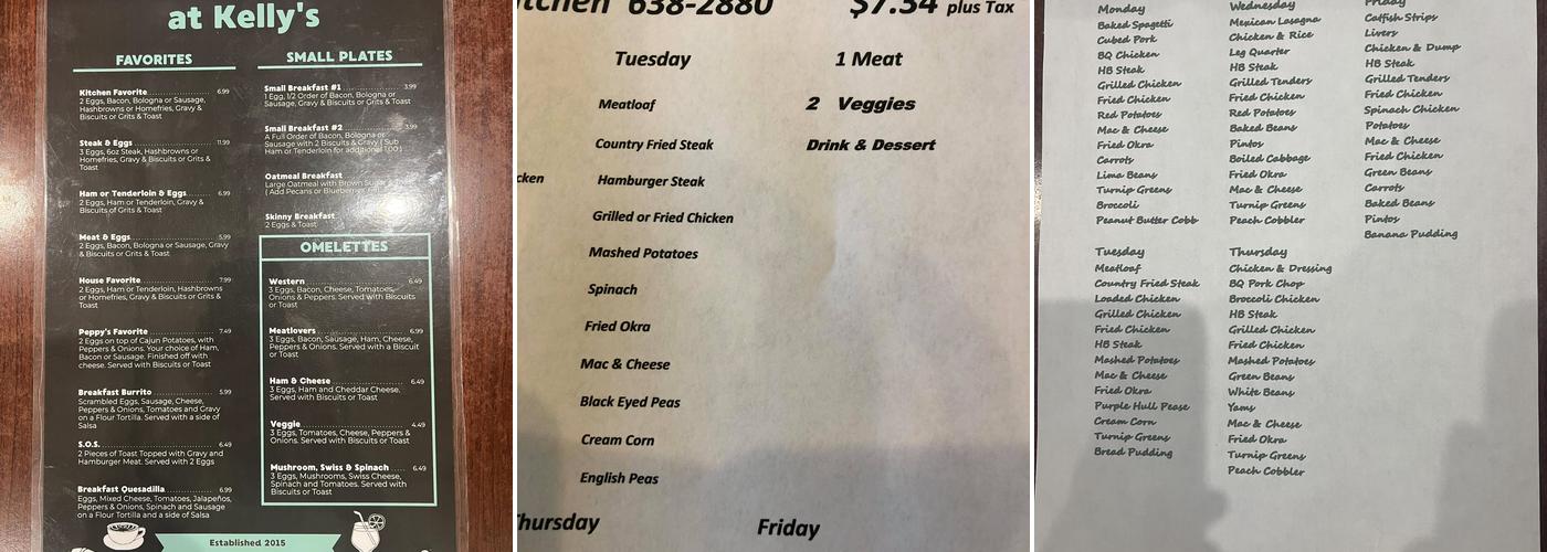 Kelly's Kitchen Menu