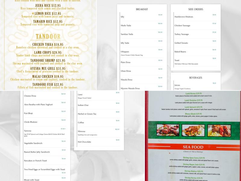 Ayesha Indian Fine Dining - Key Biscayne Menu