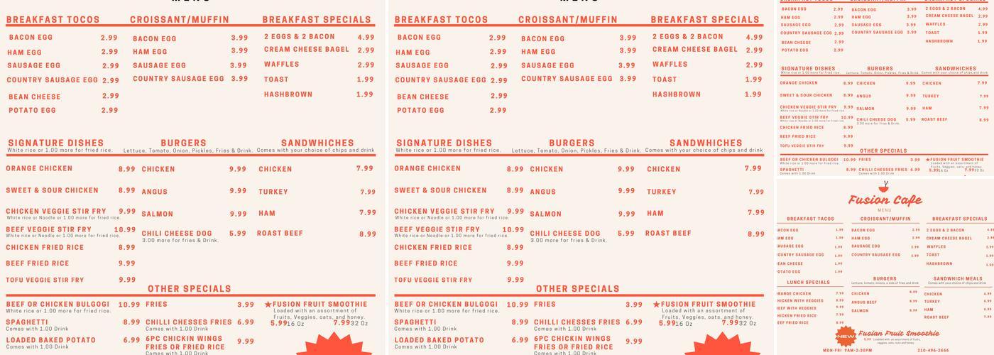 Fusion Cafe Menu
