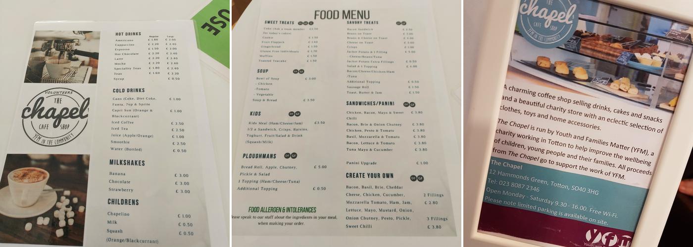 The Chapel, Café & Shop Menu