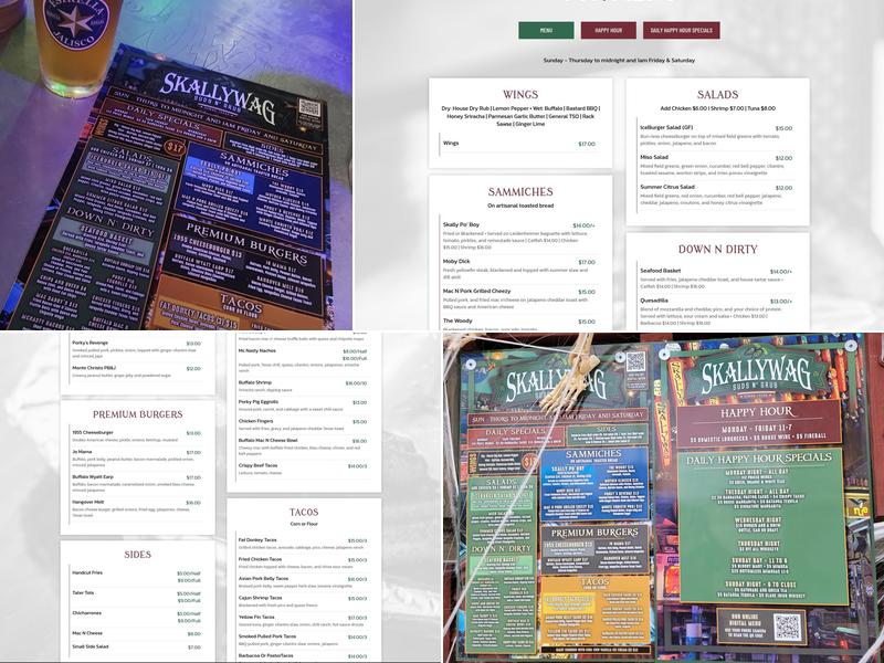 Skallywag Suds N' Grub Menu