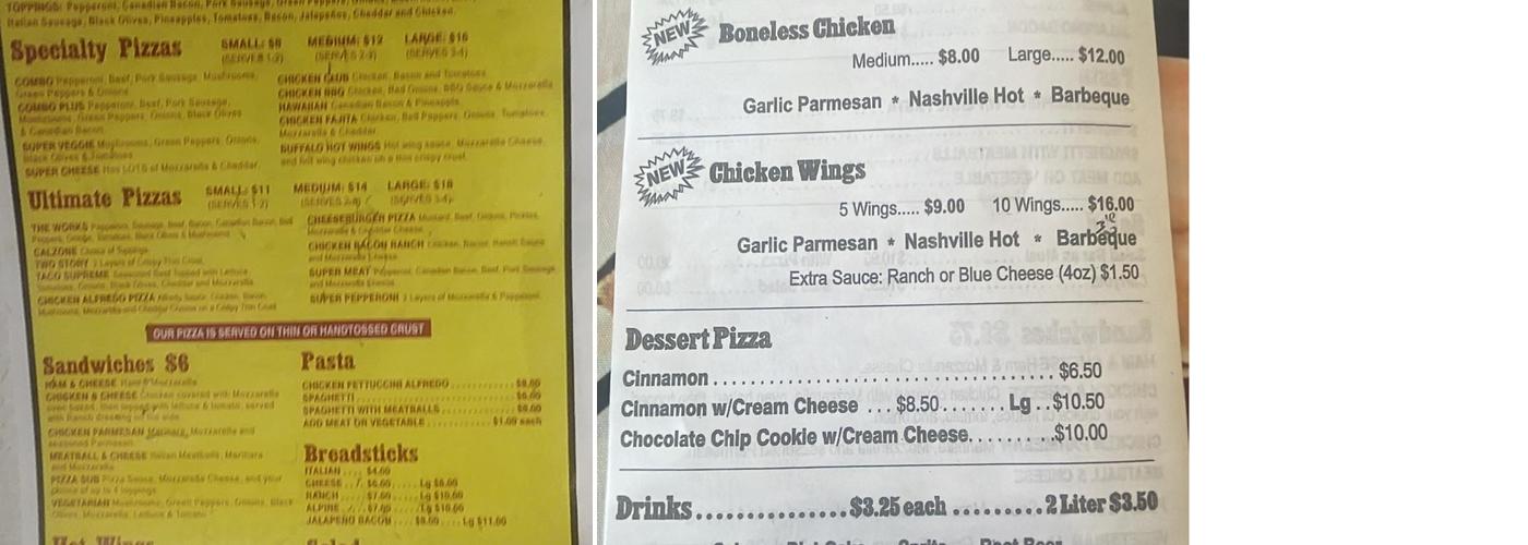 Chaney's Pizza Menu