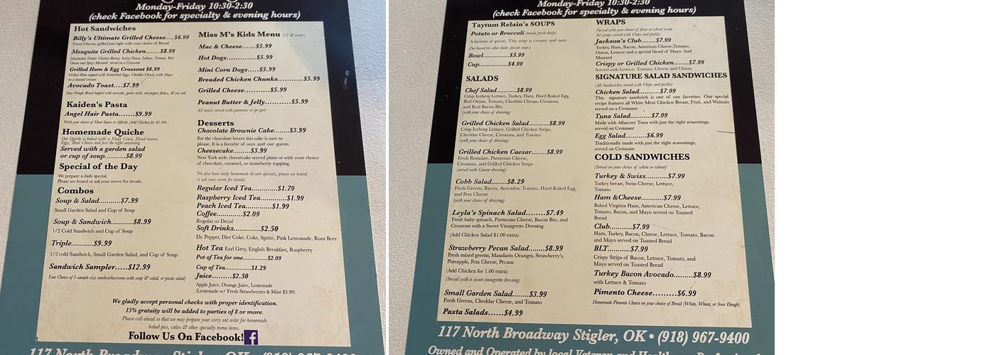 Miss M's Tea Room & Restaurant Menu