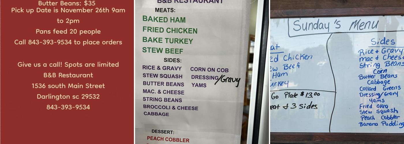 B & B Restaurant Menu
