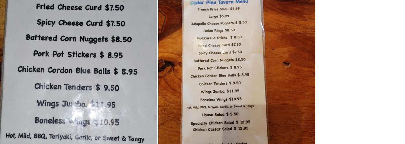 Cedar Pine Restaurant Menu