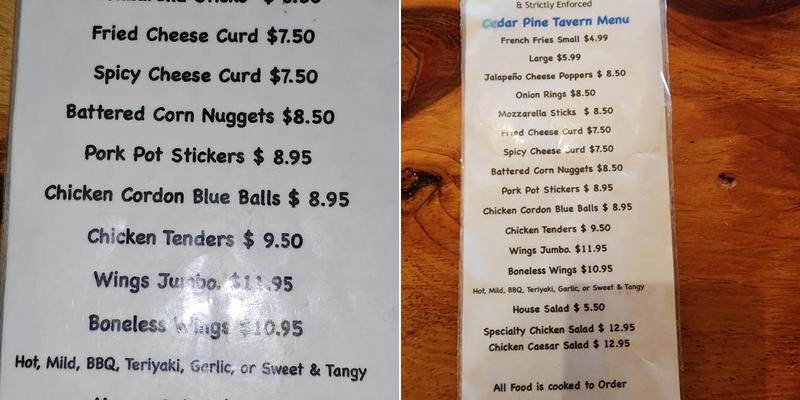 Cedar Pine Restaurant Menu