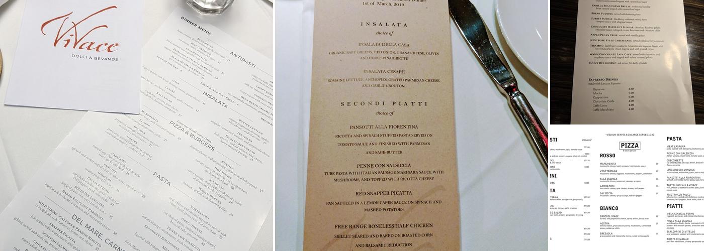Vivace Ristorante Menu