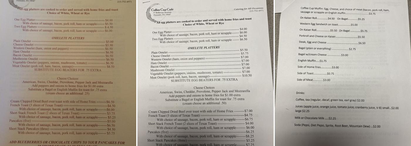 Coffee Cup Cafe Menu