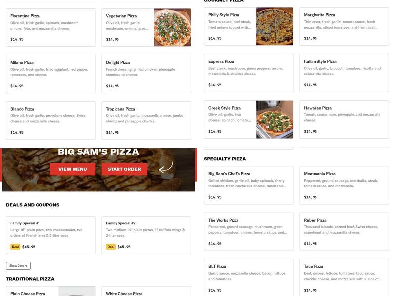 Big Sam's Pizza Menu