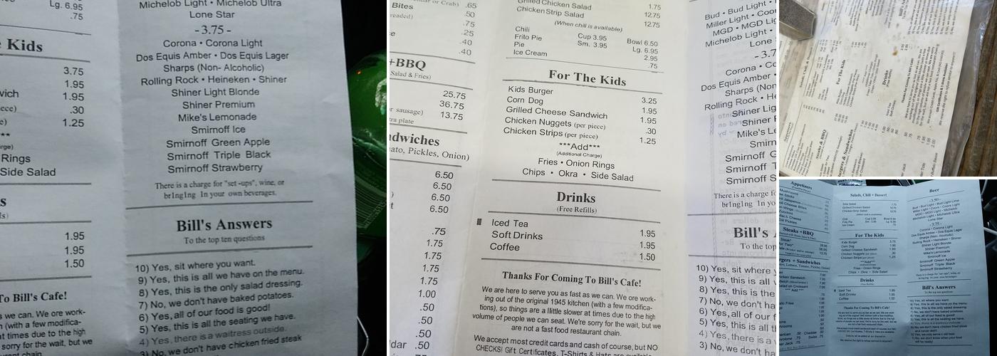 Bill's Cafe Menu