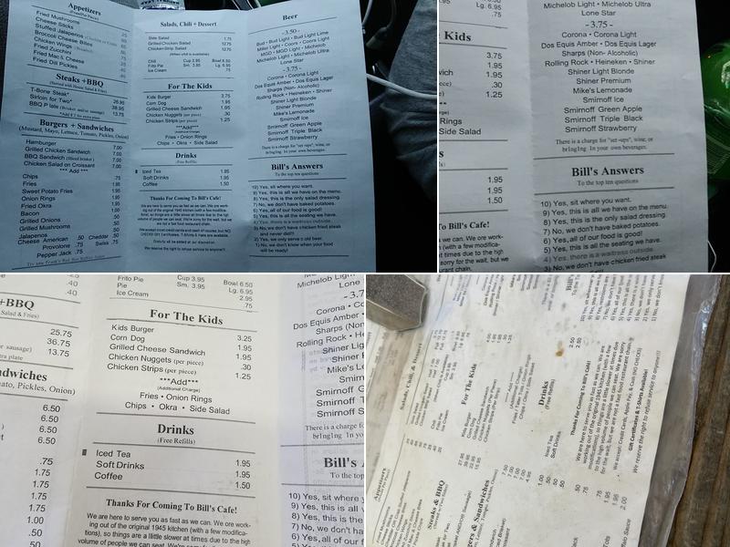 Bill's Cafe Menu