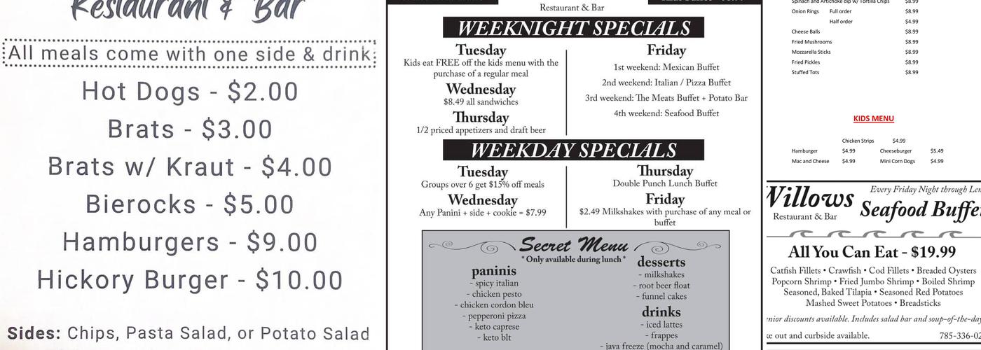 Willows Restaurant & Bar Menu