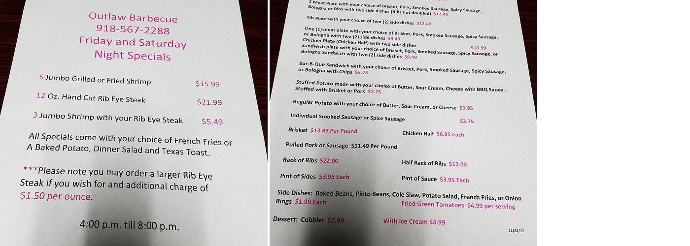 Outlaw BBQ Menu