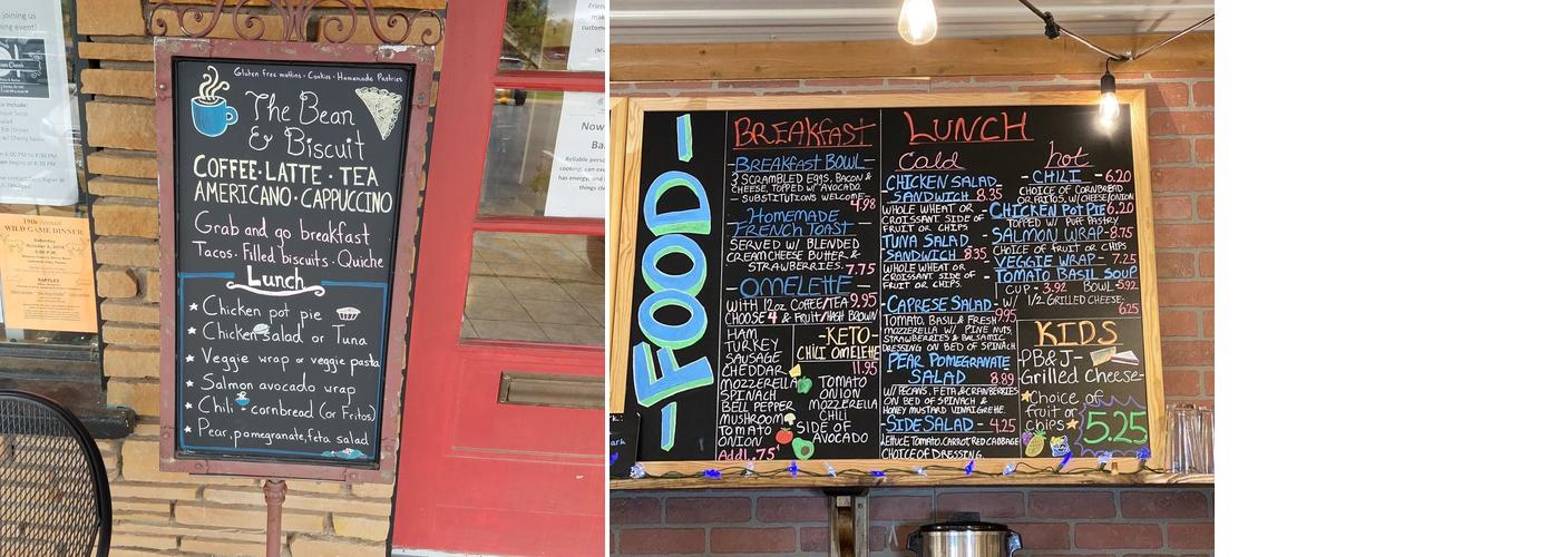 The Bean And Biscuit Menu