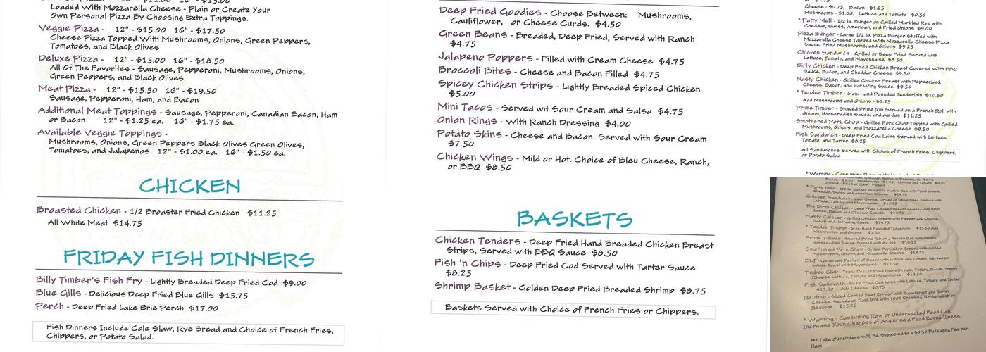 Billy Timber's Pub Menu